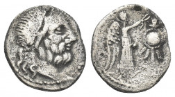 Cn. Cornelius Lentulus Clodianus (88 BC.) Rome Quinarius AR
Obv: Laureate head of Jupiter right
Rev: CN LENT, Victory right crowning trophy.
Crawfo...