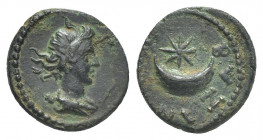 THRACE. Byzantion. Pseudo-autonomous issue circa 100 BC-AD 100. AE
Obv: Draped bust of Artemis right.
Rev: BVZANTIΩN.
Star and crescent.
SNG Copen...