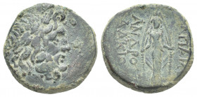 PHRYGIA. Apameia. (Circa100-50 BC). Andronikos and Alkion, magistrates. AE.
Obv: Laureate head of Zeus, right.
Rev: AΠΑΜΕΩN / ANΔΡΟΝΙ / ΑΛΚΙΟΥ.
Cul...