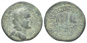 PHRYGIA. Apameia. Vespasian (69-79). AE. Marcus Plancius Varus, proconsul.
Obv: ΑΥΤΟΚΡΑΤΩΡ ΚΑΙΣΑΡ ΣΕΒΑΣΤΟΣ ΟΥΕΣΠΑΣΙΑΝΟΣ.
Laureate head of Vespasian,...