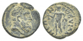 Phrygia Eumenea, pseudo autonomous (2nd century AD). AE.
Obv: Head of Heracles right.
Rev: 
Hermes standing facing, head l., holding caduc...