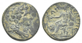 Phrygia Eumenea, pseudo-autonomous (The Antonines). AE.
Obv: draped bust of Dionysus (youthful) wearing ivy wreath, r.
Rev:  Turreted Cybel...