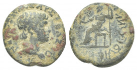 PHRYGIA. Synnada. Nero (54-68). AE
Obv.: ΝΕΡΩΝ ΚΑΙΣΑΡ ΣΕΒΑΣΤΟΣ.
Bare head of Nero, r.
Rev.: [ΤΙ Κ ΠΙϹΩ]Ν ΦΙΛΟΚ ϹΥΝΝ[ΑΔΕΩΝ].
Zeus seated, l., with ...