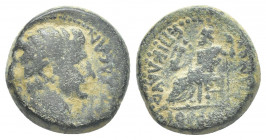 PHRYGIA. Synnada. Tiberius (14-37). AE
Obv.: [ϹEΒΑϹΤΟϹ ϹΥΝΝ]ΑΔEΩΝ.
Bare head of Tiberius (?), r.
Rev.: EΠΙ ΚΛΑΥΔΙΟΥ ΟΥΑ[ΛE]ΡΙΑΝΟΥ.
Zeus seated, l....
