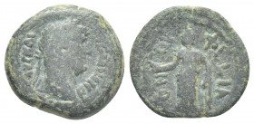 EGYPT. Alexandria. Hadrian (117-138). AE
Obv.: ΑΥΤ ΚΑΙ [ΤΡΑΙ] ΑΔΡΙΑ ϹΕΒ.
Laureate head of Hadrian, r.
Rev.: ΟΝΟΥΦΙ L ΙΑ.
Neith (?) standing, facin...