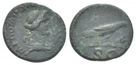 Domitian (90-91). AE, Quadrans. Rome.
Obv.: IMP DOMIT AVG [GERM COS XV].
Bust of Apollo, draped, right; branch righ.
Rev.: S C.
Raven perched righ...