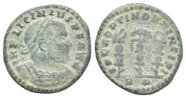 LICINIUS I (AD 312-313). Nummus. Rome.
Obv: IMP LICINIVS P F AVG.
Laureate and cuirassed bust right.
Rev: SPQR OPTIMO PRINCIPI.
Three standards su...