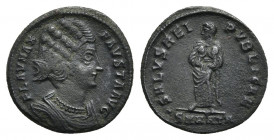 FAUSTA (Augusta, 324-326). AE. Antioch.
Obv: FLAV MAX FAVSTA AVG.
Draped bust of Fausta, right; waved hair.
Rev: SALVS REI PVBLICAE / SMANTA.
Empr...