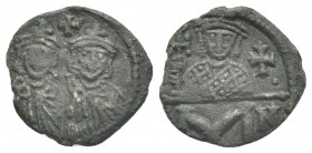 CONSTANTINE V COPRONYMUS with LEO IV and LEO III (741-775 AD). Follis, Constantinople.
Obv: Crowned and draped facing busts of Constantine V and Leo ...