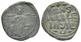ANONYMOUS FOLLES. Class D. Attributed to Constantine IX (1042-1055 AD). Constantinople.
Obv: IC - XC.
Christ seated facing on throne with back, wear...