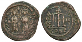 PHOCAS (602-610 AD). Follis, Constantinople. Dated RY II (603/4).
Obv: δ M FOCA[Є P ]P [AЧ].
Phocas and Leontia standing facing, the Emperor holding...