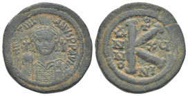 JUSTINIAN I (527-565 AD). Half Follis, Nicomedia. Dated RY 15 (541/2)
Obv: D N IVSTINIANVS P P AVI
Helmeted and cuirassed bust of Justinian I facing...