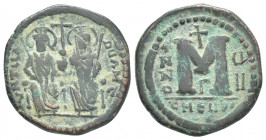 JUSTIN II, with SOPHIA (565-578 AD). Follis, Theoupolis (Antioch). 3rd officina. Dated RY 8 (572/3).
Obv: Justin and Sophia enthroned facing, each ho...
