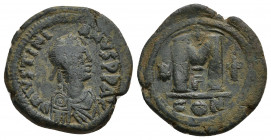 JUSTINIAN I (527-565 AD). Follis, Nicomedia.
Obv: D N IVSTINIANVS P P AVG.
Diademed, draped and cuirassed bust right.
Rev: Large M flanked by six-p...
