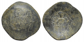 ISAAC II ANGELUS. First reign, 1185-1195. Aspron trachy, Constantinople.
Obv: [MHP – OV].
The Virgin enthroned facing, nimbate, holding nimbate head...