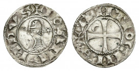 CRUSADERS. Bohémond III (1163-1201 AD). BI Denier, Antioch.
Obv: + BOAMVNDVS.
Helmeted and cuirassed bust left; crescent to left, star to right.
Re...