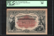 CUBA. Tesoro de la ISLA DE CUBA. 12 de agosto de 1891. 200 pesos. ECUBA68 (600€). Márgenes algo envejecidos. Mejor que EBC. Encapsulado PCGS50 about n...