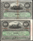 CUBA. Banco Español de la ISLA DE CUBA. 15 de mayo de 1896. 10 pesos (2). Con sobrecarga PLATA en rojo en uno. ECUBA73 y 82. MBC+ y EBC. Lote de dos b...