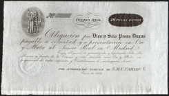 Enero de 1835. Carlos V. Tesoro Real. Plantilla de obligación por 16 pesos duros pagable a voluntad y a presentación en oro y plata al Tesoro Real en ...