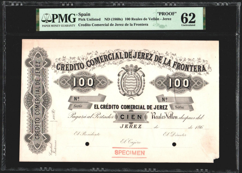 186_. Crédito Comercial de Jerez de la Frontera. 100 reales de vellón. SPECIMEN ...