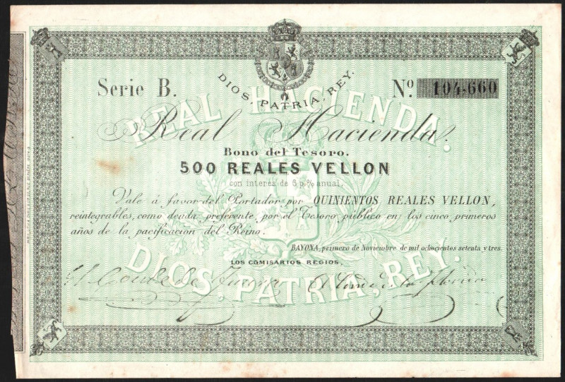 Bono Real Carlista de 500 reales de vellón. Segunda guerra carlista. Fechado en ...