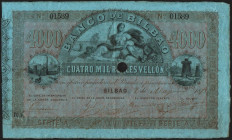 8 de mayo de 1873. Banco de Bilbao. 4.000 reales de vellón. Emitido. Con firmas. Taladro. E148 (1.800€). Varios puntitos de alfiler. EBC, apresto orig...