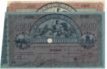 Banco de Bilbao. 8 de mayo de 1873. Facsímiles de 100 y 4.000 reales de vellón. MBC+. Lote de dos facsímiles de billetes taladrados -obliterados- (2)...