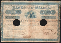 Banco de Málaga. 1863. 100 reales de vellón. Dos taladros. E108 (2.500€ sin taladros). MBC. Raro