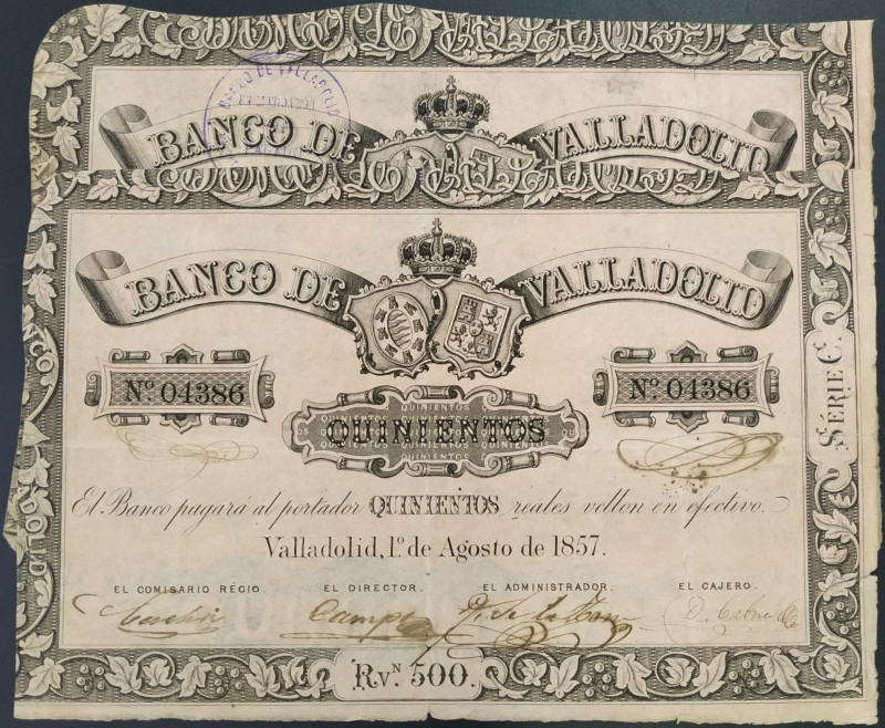 Banco de Valladolid. 1 de agosto de 1857. 500 reales de vellón (2). Con sellos f...