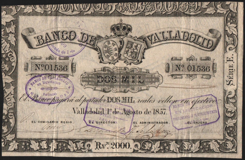 Banco de Valladolid. 1 de agosto de 1857. 2.000 reales de vellón. Con sellos fec...