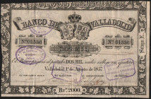 Banco de Valladolid. 1 de agosto de 1857. 2.000 reales de vellón. Con sellos fechados en 1884, 1886 y 1888? durante su liquidación. E135 (700€). MBC+...