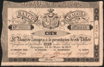 Banco de Zaragoza. 14 de mayo de 1857. 100 reales de vellón. Sin taladros. Con firmas. E126C (700€). Prácticamente EBC-