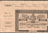 Banco de Zaragoza. 14 de mayo de 1857. 100 reales de vellón. Sin emitir. Con matrices. E126B. Doblez en la matriz. SC, apresto original
