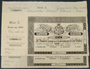 Banco de Zaragoza. 14 de mayo de 1857. 100 reales de vellón. Sin emitir. Con matrices. Pareja correlativa. E126B. Agujeros en el margen izquierdo de h...