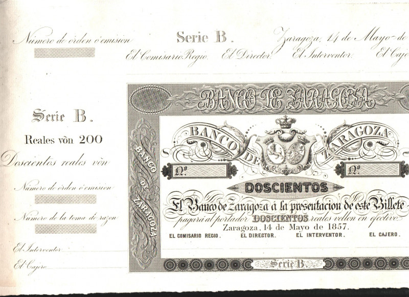 Banco de Zaragoza. 14 de mayo de 1857. 200 reales de vellón. Sin emitir. Con mat...