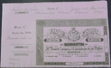 Banco de Zaragoza. 14 de mayo de 1857. 500 reales de vellón. Sin emitir. Con matrices. Dos sueltos. E128B (1.200€). Agujeros en el margen izquierdo de...