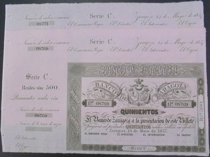 Banco de Zaragoza. 14 de mayo de 1857. 500 reales de vellón. Sin emitir. Con mat...