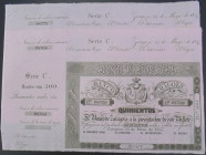 Banco de Zaragoza. 14 de mayo de 1857. 500 reales de vellón. Sin emitir. Con matrices. Pareja de impares. E128B (1.200€). Pico doblado. Agujeros en el...