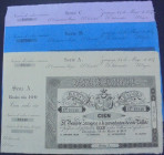 Banco de Zaragoza. 14 de mayo de 1857. 100, 200 y 500 reales de vellón. Sin emitir. Con matrices. E126B, 127B y 128B (1.200€). Margen izquierdo recort...