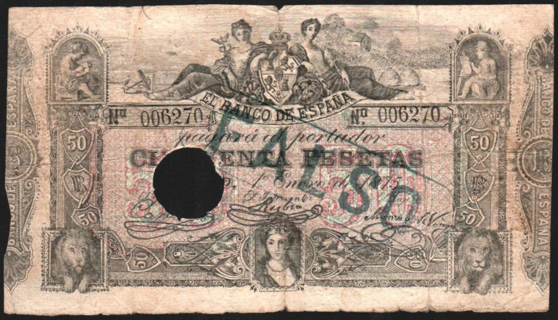 1 de enero de 1875. 50 pesetas. Con taladro. FALSO estampillado. E265F (600€). M...