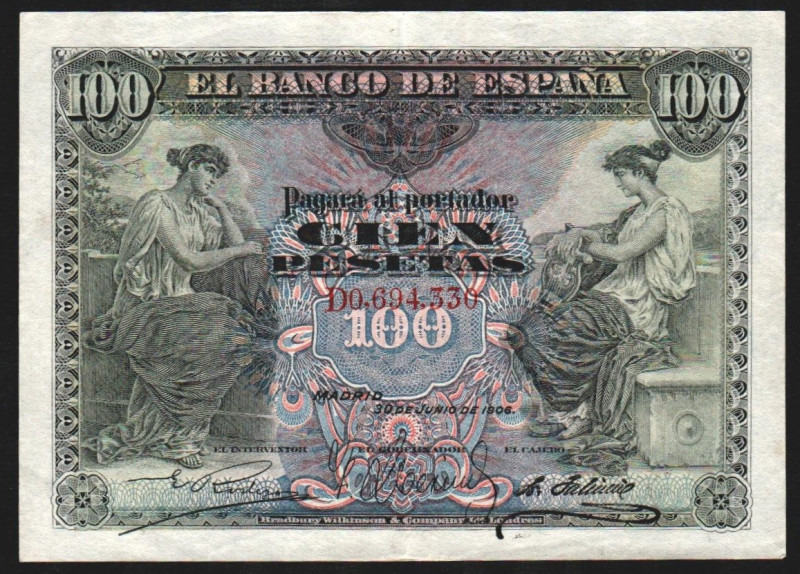 30 de junio de 1906. 100 pesetas. Serie D (última serie). E313a. Margen inferior...