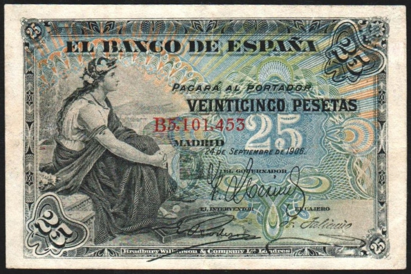 24 de septiembre de 1906. 25 pesetas. Serie B. E314a. Planchado. Leve restauraci...