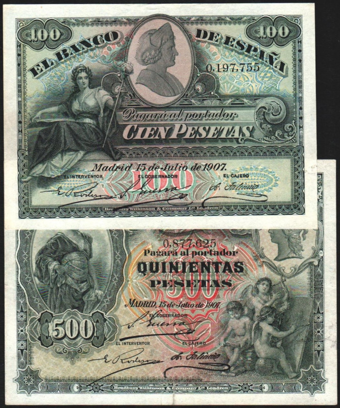 15 de julio de 1907. 100 y 500 pesetas. E320 y 321. Doblez central de taco sin r...