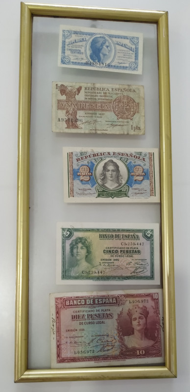 Cuadro enmarcado con billetes de la República Española. 1937. 50 céntimos. 1 pes...