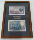 Marco con billetes para mostrar ambos lados de 15 de agosto de 1928. 50 pesetas. Emisión dedicada a Velázquez. MBC. Lote de dos billetes (2) enmarcado...