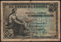 24 de septiembre de 1906. 25 pesetas. Sin serie. Sello en seco de la II República. E333. BC. Sello EBC. Escaso