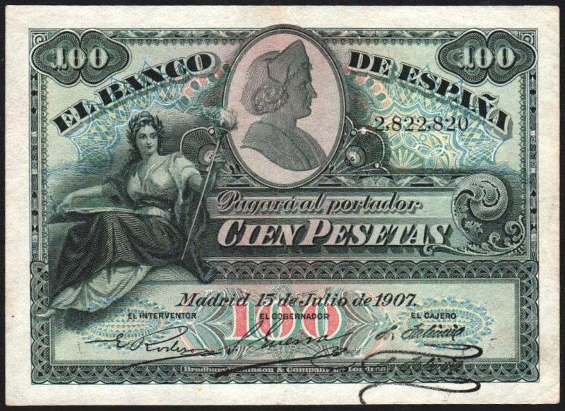 15 de julio de 1907. 100 pesetas. Sello en seco de la II República. E343. Algo p...