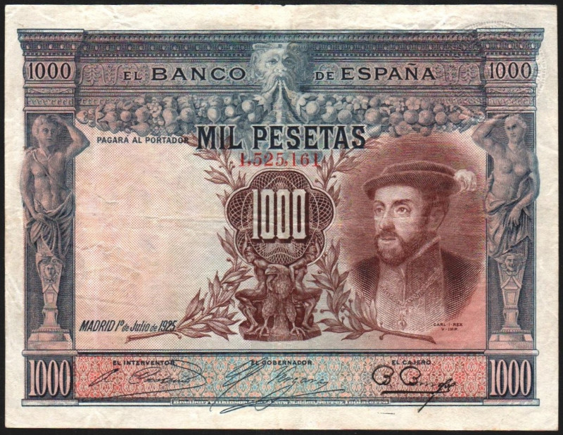 1 de julio de 1925. 1.000 pesetas. Sin serie. Doble sello -repintado- en seco de...