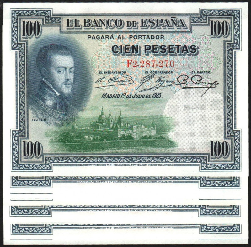 1 de julio de 1925. 100 pesetas. Serie F. Diez correlativos. E350. Muy leve marq...