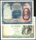 24 de julio de 1927. 500 pesetas. Numeración superior al 1.602.000. Doblez central planchado. EBC+, restos de apresto original. Más 4/11/1949. 1.000 p...